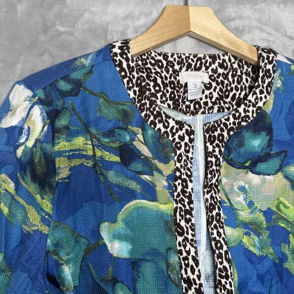 Chicos Jacket Womens XL Blue Green Floral Leopard Trim Open Front Cotton Blazer - Picture 1 of 10